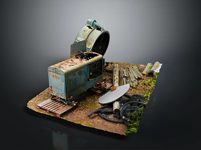 Weathered Blue Truck Model Scene With Satellite Dish Wooden Planks Ropes And Moss 3d model