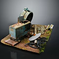 Weathered Blue Truck Model Scene With Satellite Dish Wooden Planks Ropes And Moss