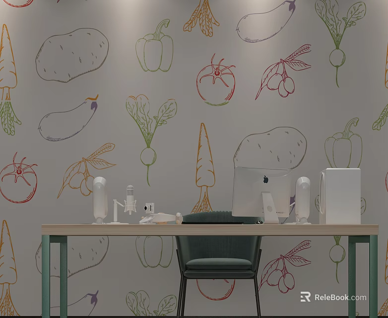 Modern Desk Setup in Room with Vegetable Patterned Wallpaper Computer Microphone and Green Chair 3d model 