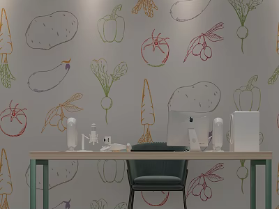 Modern Desk Setup in Room with Vegetable Patterned Wallpaper Computer Microphone and Green Chair 3d model