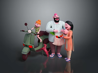 Child on Green Scooter with Adult Man Girl and Red Lobster in Basket 3d model