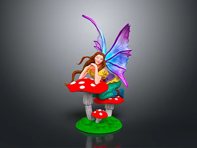 Game Movie Character With Purple Blue Wings Long Brown Hair On Red Mushrooms Green Grass 3d model