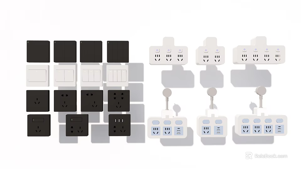 Black And White Electrical Switch Panels With Various Outlet And Switch Designs 3d model
