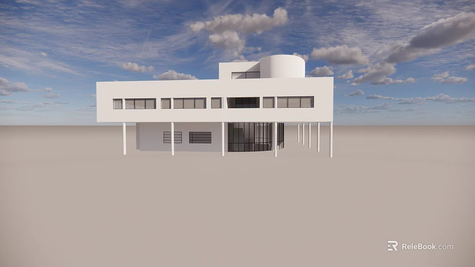 Modern Detached Villa With White Exterior Large Windows And Open Structure Under Blue Sky 3d model 