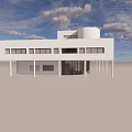 Modern Detached Villa With White Exterior Large Windows And Open Structure Under Blue Sky