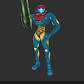 Blue And Red Armored Game Character Holding Green Weapon In Stance