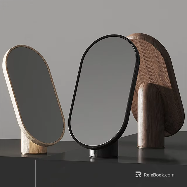 Unique Modern Oval Mirrors With Wooden And Black Bases For Home Decor 3d model 