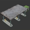 Rusty Metal Table With Gray Tabletop Rusty Edges White Pillars And Red Bases