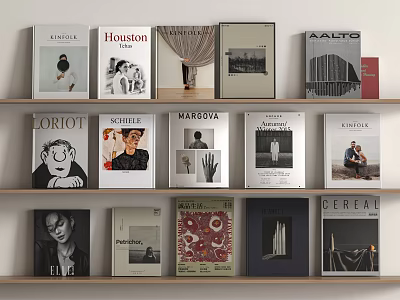Artistic Books And Magazines On Shelf With Various Portrait Architecture Covers 3d model