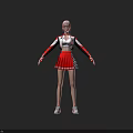 Woman In Red And White Sporty Outfit With Cap Pleated Skirt And Sneakers