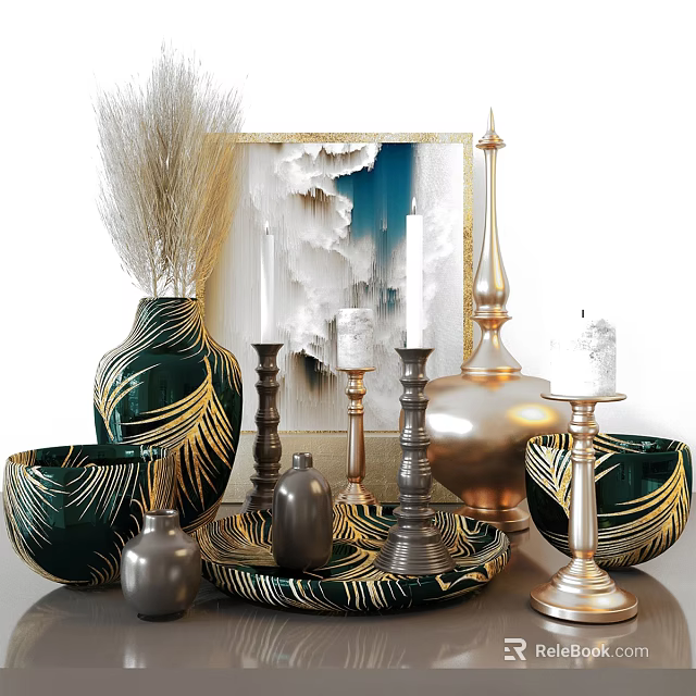 Elegant Decorative Ornament Set Featuring Green Gold Patterned Vases Candle Holders White Candles Metallic Bowls 3d model 