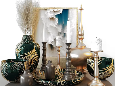 Elegant Decorative Ornament Set Featuring Green Gold Patterned Vases Candle Holders White Candles Metallic Bowls 3d model