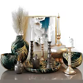 Elegant Decorative Ornament Set Featuring Green Gold Patterned Vases Candle Holders White Candles Metallic Bowls