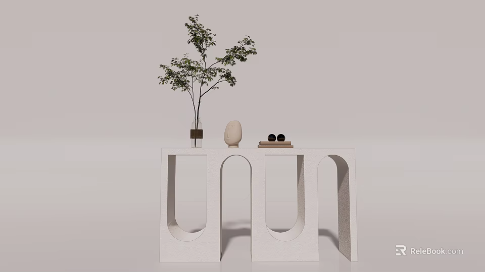 Modern White Side Table With Unique Arch Design Adorned With Small Tree Vase And Decor 3d model