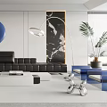Modern Living Room with Black Sofa Blue Circular Wall Art Marble Wall and Floor Lamp