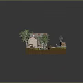 Cartoon Countryside Scene With Small House Rusty Roof Trees Black Dog And Old Truck