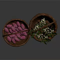 Woven Baskets Interior Display With Small Basket Pink Items And Large Basket Green Plants