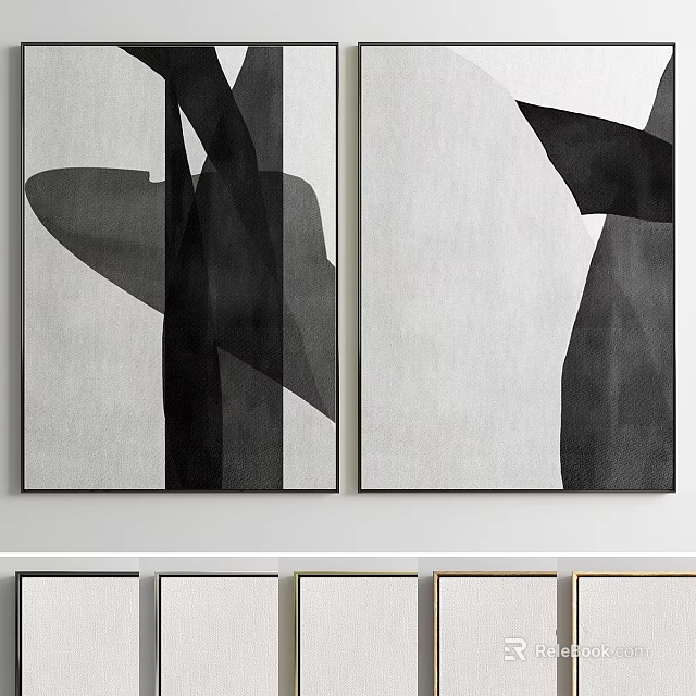 Modern Black And White Abstract Framed Wall Art Paintings Hanging On Wall 3d model 