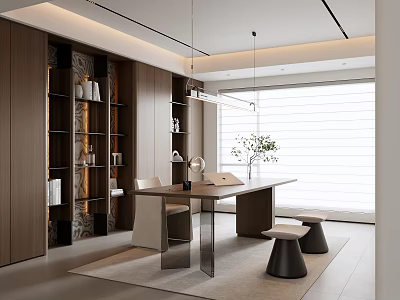 Modern Study Room With Wooden Bookshelves Decorative Items Long Desk Chairs And Window Blinds 3d model