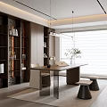Modern Study Room With Wooden Bookshelves Decorative Items Long Desk Chairs And Window Blinds