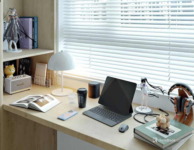 Modern Laptop Desk Setup With Mouse Headphones Lamp And Books Near Window Blinds 3d model 