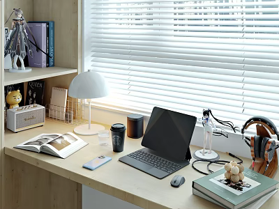 Modern Laptop Desk Setup With Mouse Headphones Lamp And Books Near Window Blinds 3d model
