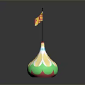 Colorful Sculpture Carving With Green Yellow Pink Red Base And Black Pole Red Yellow Flag