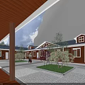 Red Guesthouse Building with Black Roof Wooden Boardwalk Blue Pools Surrounding Trees and Distant Mountains
