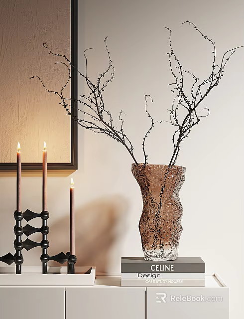 Elegant Decorative Ornament Set with Branches in Textured Vase and Candles on Holder 3d model 