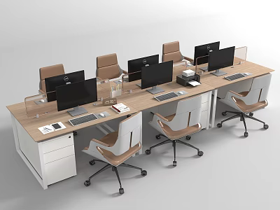 Modern Office Desk Setup With Multiple Workstations Ergonomic Chairs Computer Monitors And Storage Drawers 3d model