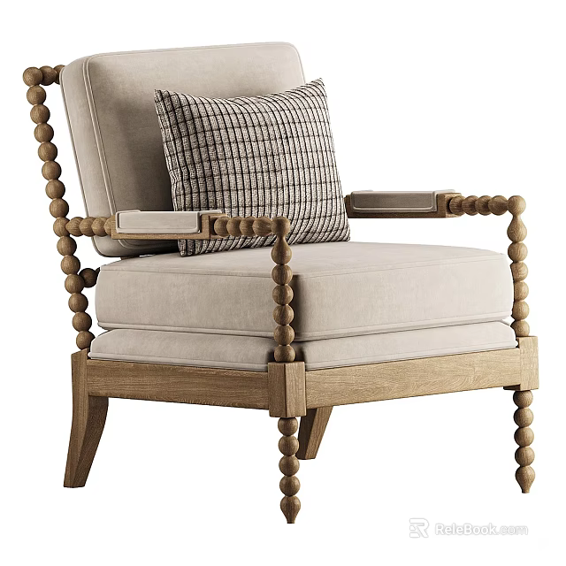 Single Sofa With Wooden Frame Beaded Armrests And Beige Upholstery Plaid Cushion 3d model 