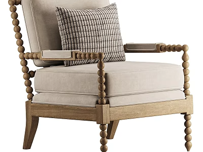 Single Sofa With Wooden Frame Beaded Armrests And Beige Upholstery Plaid Cushion 3d model