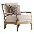 Single Sofa With Wooden Frame Beaded Armrests And Beige Upholstery Plaid Cushion