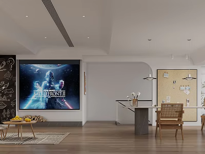 Modern Open Concept Dining Living Room Interior With Large TV Wooden Flooring and Pendant Lights 3d model