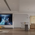 Modern Open Concept Dining Living Room Interior With Large TV Wooden Flooring and Pendant Lights