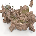 3D Fractured Rock Formation With Green Moss And Jagged Surface Details
