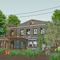 Old Brick Building Covered With Vines Surrounded By Trees And Electric Pole Under Blue Sky