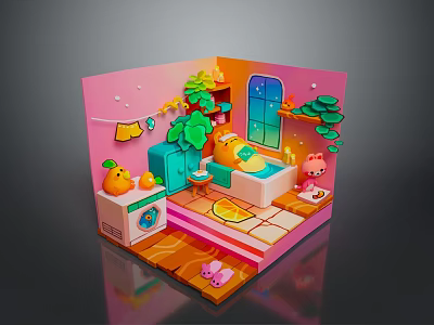 Scenic Landscape View Through Window In Cute Pink Room With Green Plants And Orange Decor 3d model