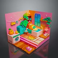 Scenic Landscape View Through Window In Cute Pink Room With Green Plants And Orange Decor