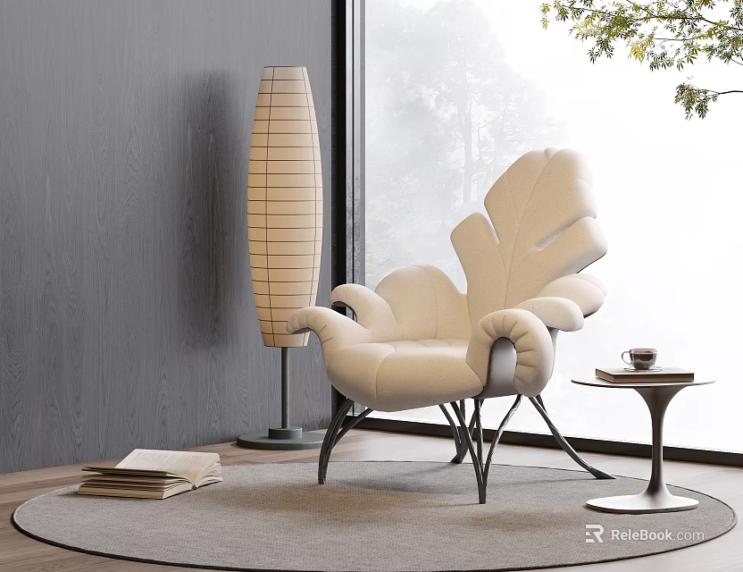 Cream Leaf Shaped Leisure Chair with Striped Floor Lamp Side Table Near Window Tree View 3d model 