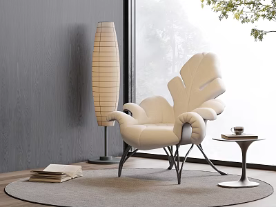 Cream Leaf Shaped Leisure Chair with Striped Floor Lamp Side Table Near Window Tree View 3d model
