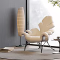 Cream Leaf Shaped Leisure Chair with Striped Floor Lamp Side Table Near Window Tree View