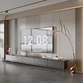 Modern TV Cabinet With Sleek Gray Design And Tall Decorative Plant In Living Room