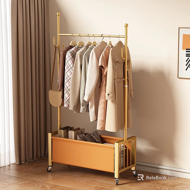 Gold Freestanding Clothes Rack with Storage Holding Clothes and Bags Modern Interior 3d model 