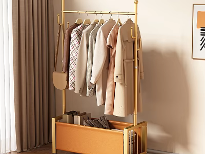 Gold Freestanding Clothes Rack with Storage Holding Clothes and Bags Modern Interior 3d model