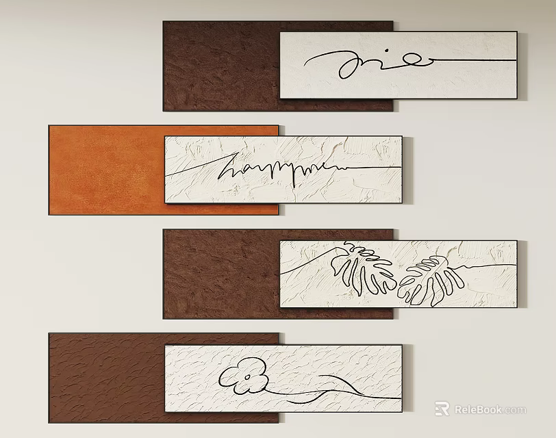 Contemporary Wall Decor Art With Brown Orange Panels And Floral Leaf Line Drawings 3d model 