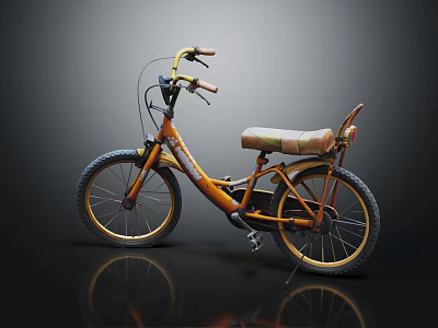 Orange Bicycle with Yellow Handlebars Camouflage Seat Black Tires and Brand Logo on Dark Background 3d model