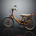 Orange Bicycle with Yellow Handlebars Camouflage Seat Black Tires and Brand Logo on Dark Background