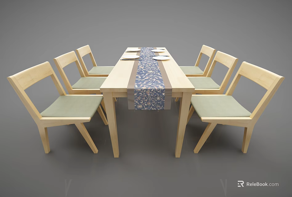 Wooden Dining Table Set With Six Chairs Light Green Cushions And Blue White Table Runner 3d model 