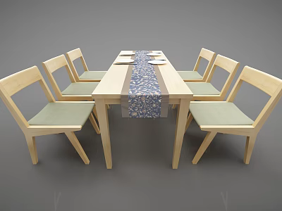 Wooden Dining Table Set With Six Chairs Light Green Cushions And Blue White Table Runner 3d model